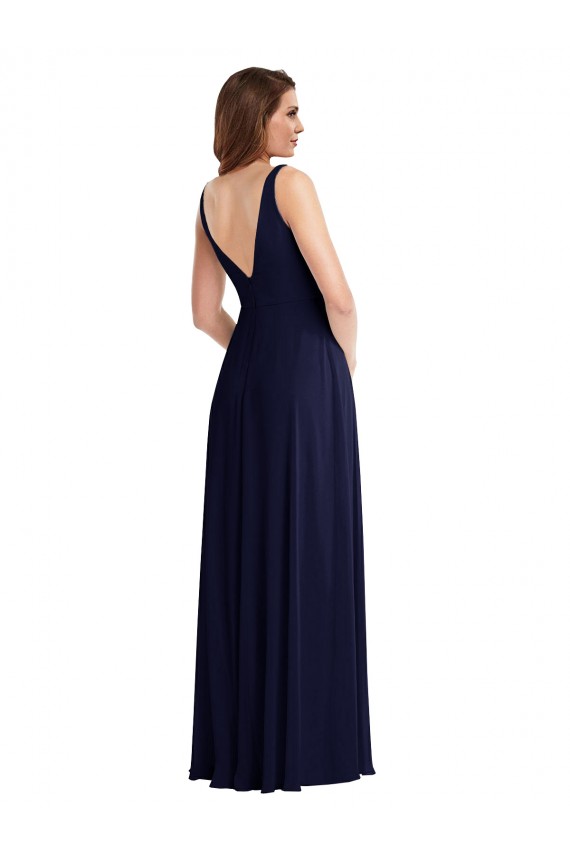 Magasins de Bleu marine foncé Trapèze Col V Mousseline Longue Robes demoiselle d'honneur