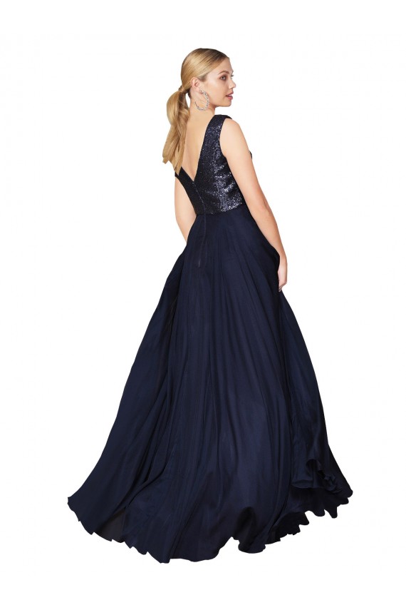 Magasins de Bleu marine foncé Trapèze Col V Mousseline Paillette Longue Robes demoiselle d'honneur / Robes de bal