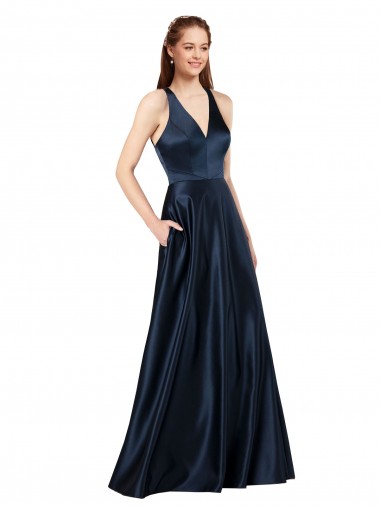 Magasins de Bleu marine foncé Trapèze Col V Satiné Longue Formelles Robes demoiselle d'honneur / Robes de soirée / Robes de bal