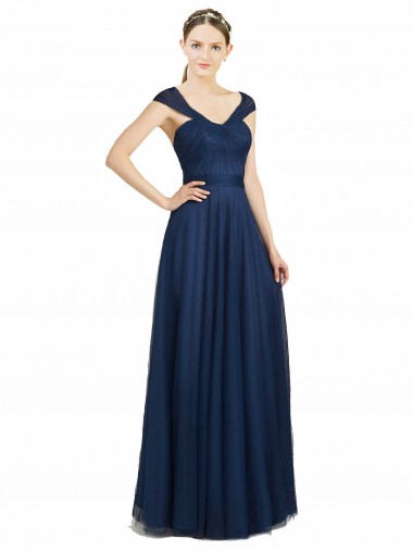Magasins de Bleu marine foncé Trapèze Col V Tulle Longue Robes demoiselle d'honneur