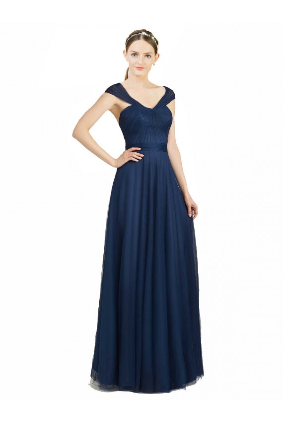 Magasins de Bleu marine foncé Trapèze Col V Tulle Longue Robes demoiselle d'honneur