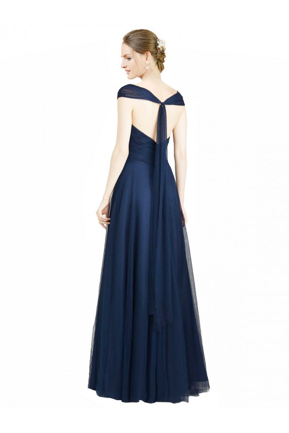 Magasins de Bleu marine foncé Trapèze Col V Tulle Longue Robes demoiselle d'honneur