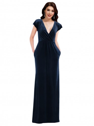 Magasins de Bleu marine foncé Trapèze Col V Velours Stretch Longue Formelles Robes demoiselle d'honneur / Robes de soirée / Robes de bal