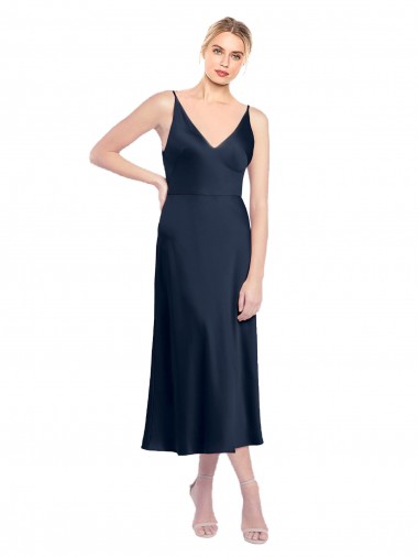 Magasins de Bleu marine foncé Trapèze Col V midi Satiné Stretch Courte Robes demoiselle d'honneur / Robes de soirée / Robes de cocktail