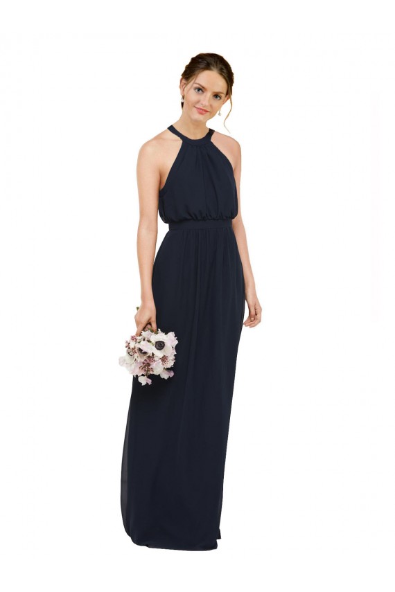 Magasins de Bleu marine foncé Trapèze Licou Col Haut Mousseline Longue Robes demoiselle d'honneur