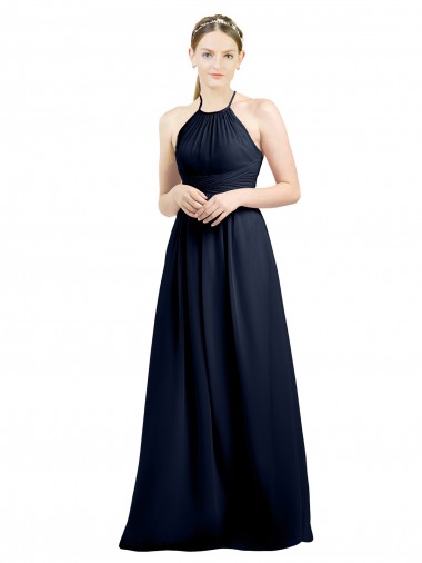 Magasins de Bleu marine foncé Trapèze Licou Col Haut Mousseline Longue Robes demoiselle d'honneur