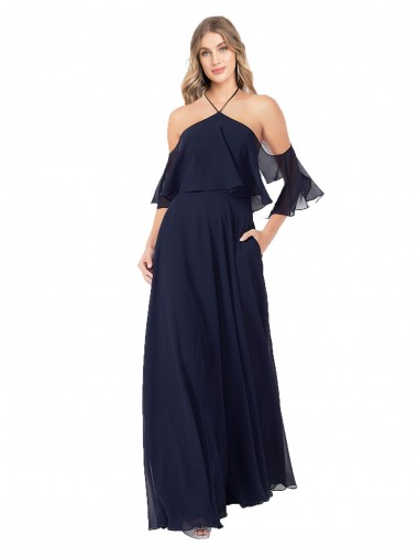 Magasins de Bleu marine foncé Trapèze Licou Col Haut Mousseline Longue Robes demoiselle d'honneur