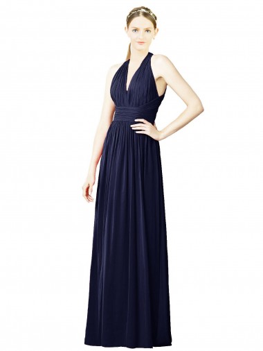 Magasins de Bleu marine foncé Trapèze Licou Col V Mousseline Longue Robes demoiselle d'honneur