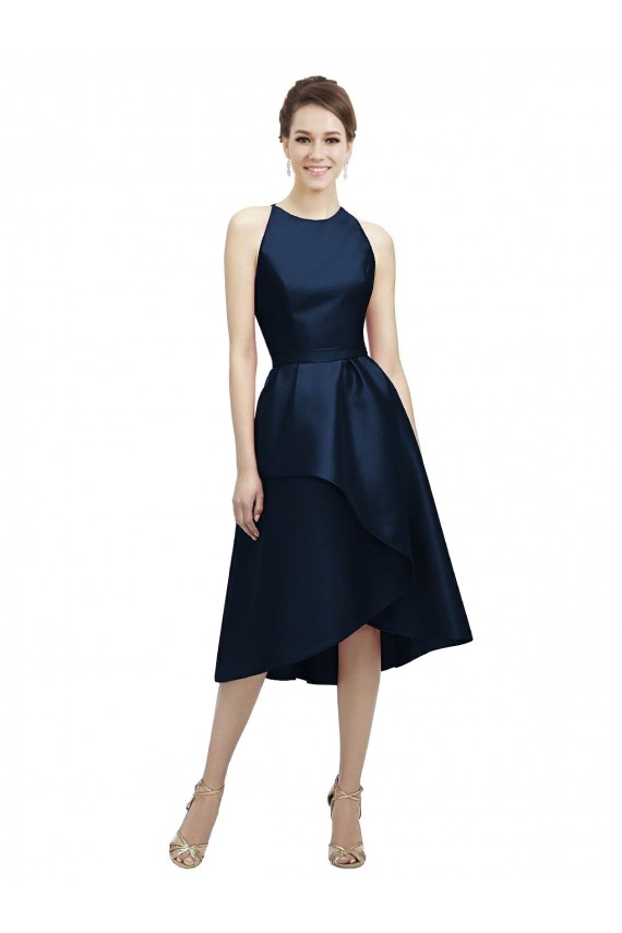Magasins de Bleu marine foncé Trapèze Licou Col bijou Satiné Courte Asymétrique Robes demoiselle d'honneur