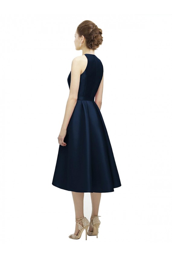 Magasins de Bleu marine foncé Trapèze Licou Col bijou Satiné Courte Asymétrique Robes demoiselle d'honneur