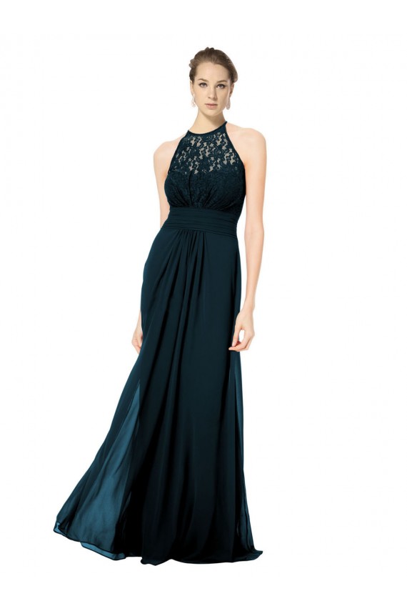 Magasins de Bleu marine foncé Trapèze Licou Illusion Mousseline Dentelle Longue Robes demoiselle d'honneur