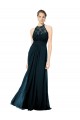 Magasins de Bleu marine foncé Trapèze Licou Illusion Mousseline Dentelle Longue Robes demoiselle d'honneur
