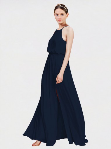 Magasins de Bleu marine foncé Trapèze Licou Mousseline Longue Robes demoiselle d'honneur