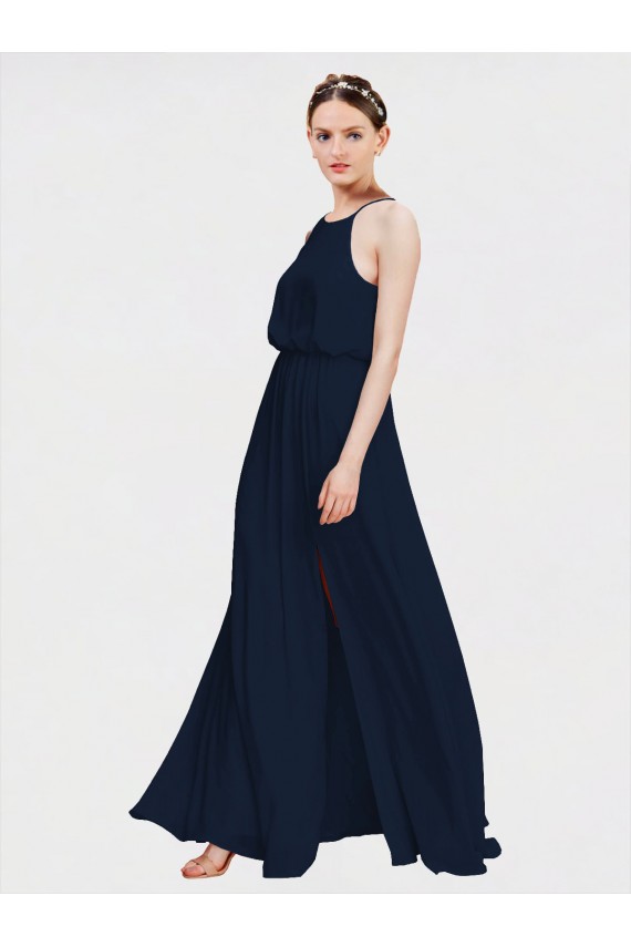 Magasins de Bleu marine foncé Trapèze Licou Mousseline Longue Robes demoiselle d'honneur