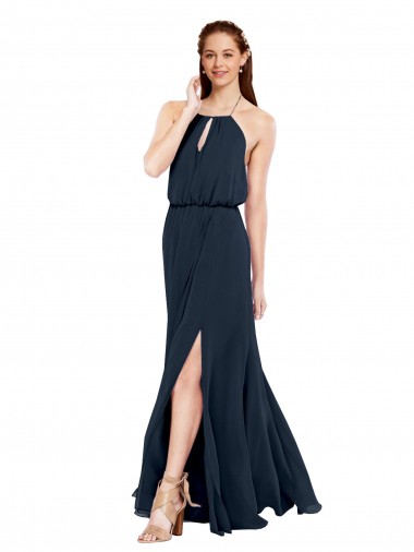 Magasins de Bleu marine foncé Trapèze Licou Mousseline Longue Robes demoiselle d'honneur