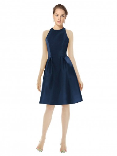 Magasins de Bleu marine foncé Trapèze Licou Satiné Courte Robes demoiselle d'honneur / Robes de cocktail