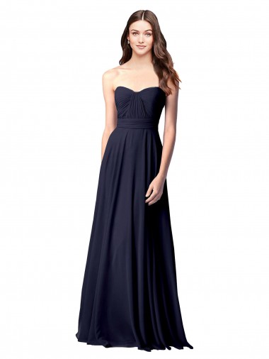 Magasins de Bleu marine foncé Trapèze Sans bretelle Mousseline Longue Robes demoiselle d'honneur