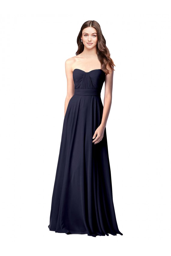 Magasins de Bleu marine foncé Trapèze Sans bretelle Mousseline Longue Robes demoiselle d'honneur