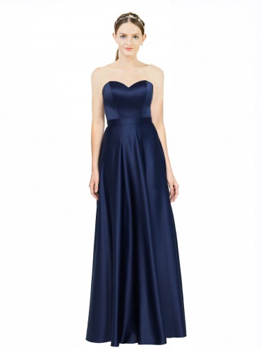 Magasins de Bleu marine foncé Trapèze Satiné Stretch Longue Formelles Robes demoiselle d'honneur / Robes de soirée