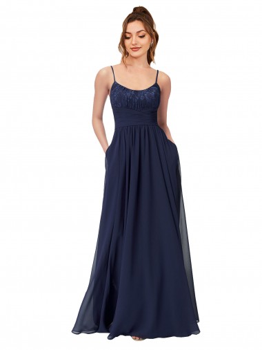 Magasins de Bleu marine foncé Trapèze Scoop Mousseline Dentelle Longue Robes demoiselle d'honneur