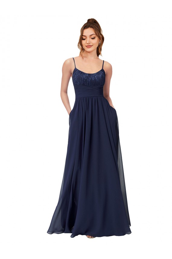 Magasins de Bleu marine foncé Trapèze Scoop Mousseline Dentelle Longue Robes demoiselle d'honneur