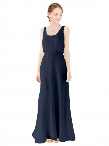 Magasins de Bleu marine foncé Trapèze Scoop Mousseline Longue Robes demoiselle d'honneur