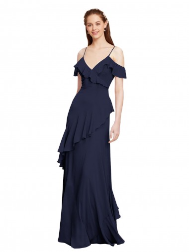 Magasins de Bleu marine foncé Trapèze Épaule Dénudée Bretelles spaghetti Mousseline Longue Robes demoiselle d'honneur