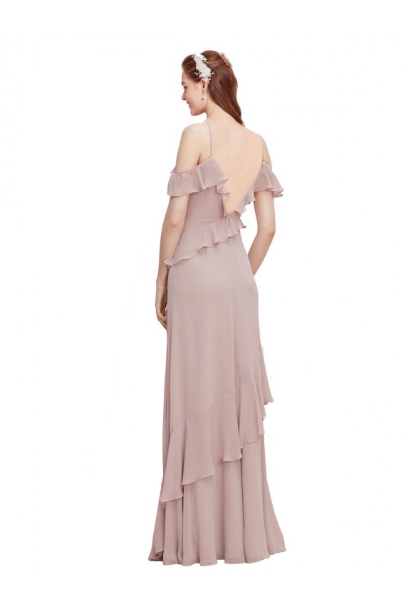 Magasins de Bleu marine foncé Trapèze Épaule Dénudée Bretelles spaghetti Mousseline Longue Robes demoiselle d'honneur