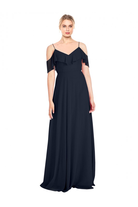Magasins de Bleu marine foncé Trapèze Épaule Dénudée Bretelles spaghetti Mousseline Longue Robes demoiselle d'honneur