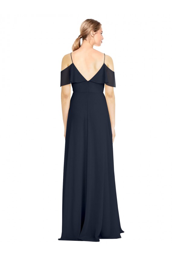 Magasins de Bleu marine foncé Trapèze Épaule Dénudée Bretelles spaghetti Mousseline Longue Robes demoiselle d'honneur