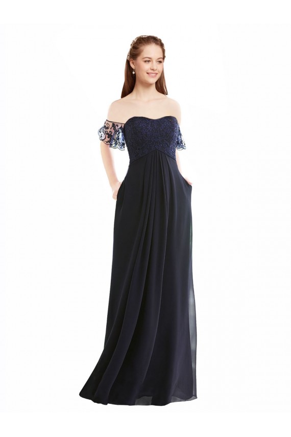Magasins de Bleu marine foncé Trapèze Épaule Dénudée Col V Mousseline Dentelle Longue Robes demoiselle d'honneur