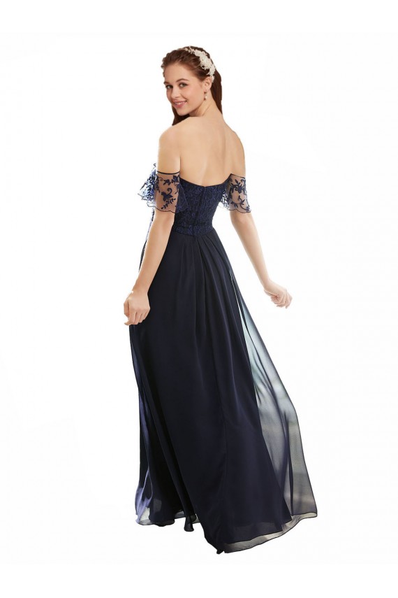 Magasins de Bleu marine foncé Trapèze Épaule Dénudée Col V Mousseline Dentelle Longue Robes demoiselle d'honneur