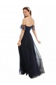 Magasins de Bleu marine foncé Trapèze Épaule Dénudée Col V Mousseline Dentelle Longue Robes demoiselle d'honneur