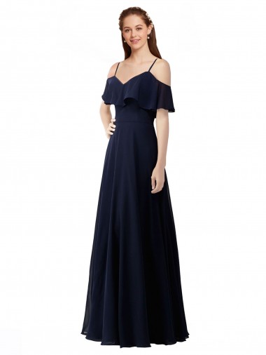 Magasins de Bleu marine foncé Trapèze Épaule Dénudée Col V Mousseline Longue Robes demoiselle d'honneur
