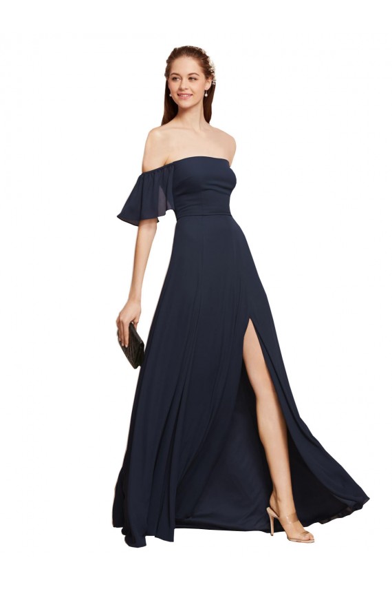 Magasins de Bleu marine foncé Trapèze Épaule Dénudée Mousseline Longue Robes demoiselle d'honneur / Robes de bal