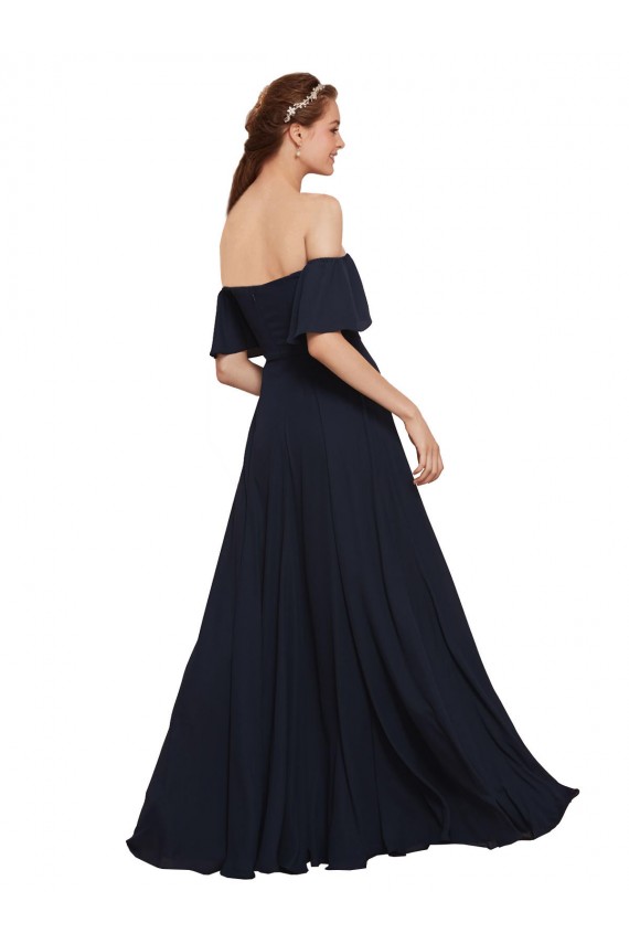 Magasins de Bleu marine foncé Trapèze Épaule Dénudée Mousseline Longue Robes demoiselle d'honneur / Robes de bal
