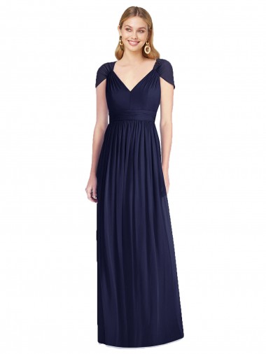 Magasins de Bleu marine foncé Trompette Col V Mousseline Longue Robes demoiselle d'honneur