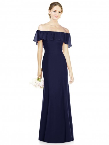 Magasins de Bleu marine foncé Trompette Épaule Dénudée Mousseline Longue Robes demoiselle d'honneur