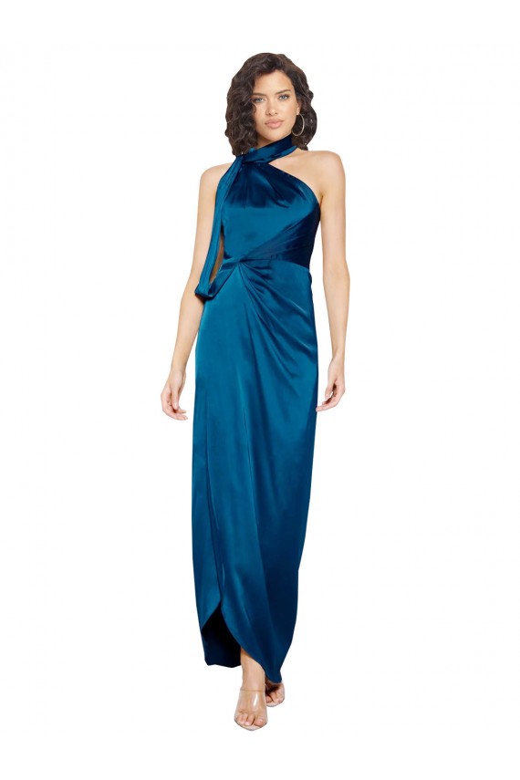 Magasins de Bleu paon Fourreau Licou Col Haut Satiné Soyeux Longue Formelles Robes demoiselle d'honneur / Robes de soirée / Robes de bal