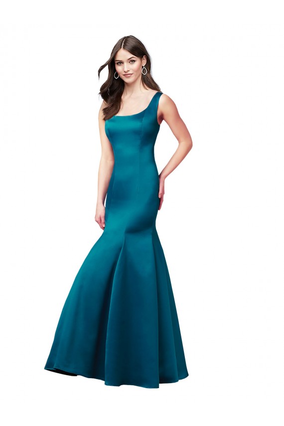 Magasins de Bleu paon Sirène Bateau Satiné Longue Robes demoiselle d'honneur / Robes de bal