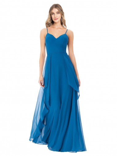 Magasins de Bleu paon Trapèze Bretelles spaghetti Mousseline Longue Robes demoiselle d'honneur