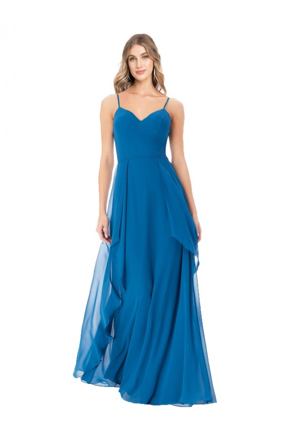Magasins de Bleu paon Trapèze Bretelles spaghetti Mousseline Longue Robes demoiselle d'honneur