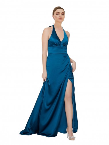 Magasins de Bleu paon Trapèze Licou Satiné Soyeux Longue Formelles Robes demoiselle d'honneur / Robes de soirée / Robes de bal