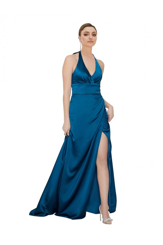 Magasins de Bleu paon Trapèze Licou Satiné Soyeux Longue Formelles Robes demoiselle d'honneur / Robes de soirée / Robes de bal