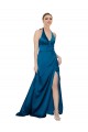 Magasins de Bleu paon Trapèze Licou Satiné Soyeux Longue Formelles Robes demoiselle d'honneur / Robes de soirée / Robes de bal