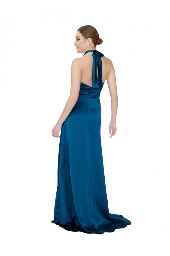 Magasins de Bleu paon Trapèze Licou Satiné Soyeux Longue Formelles Robes demoiselle d'honneur / Robes de soirée / Robes de bal
