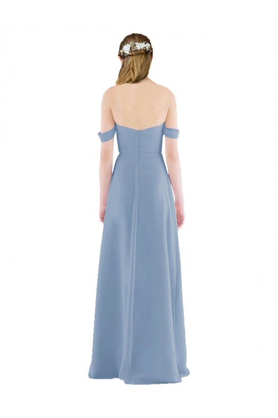 Magasins de Bleu poussiéreux Fourreau Épaule Dénudée Mousseline Longue Robes demoiselle d'honneur