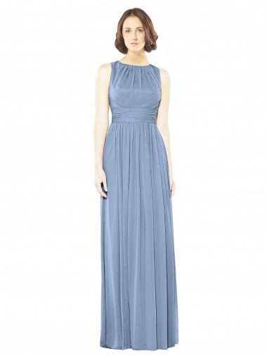 Magasins de Bleu poussiéreux Trapèze Bateau Mousseline Longue Robes demoiselle d'honneur
