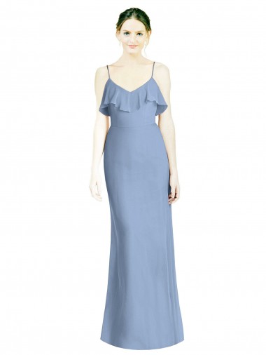 Magasins de Bleu poussiéreux Trapèze Bretelles spaghetti Col V Mousseline Longue Robes demoiselle d'honneur