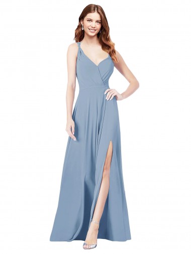 Magasins de Bleu poussiéreux Trapèze Bretelles spaghetti Col V Mousseline Longue Robes demoiselle d'honneur